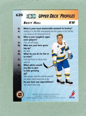 BRETT HULL ST.LOUIS BLUES UPPER DECK PROFILE 1992 KARTE #620 UK PORTOFREI
