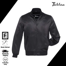 Premium Black Satin Varsity Jacket with Black Trim College Letterman Bomber