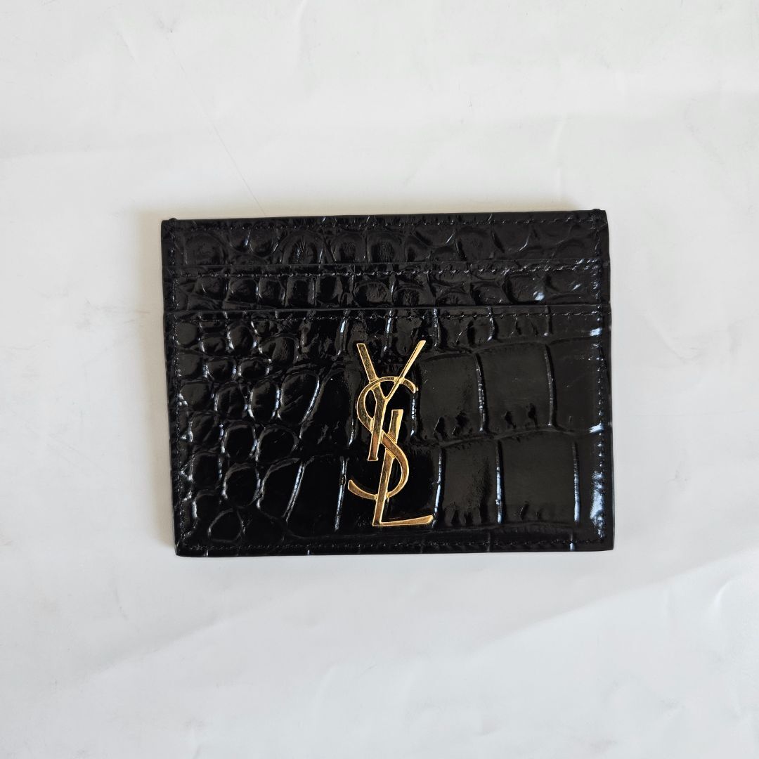 Saint Laurent black crocodile embossed cardholder with gold