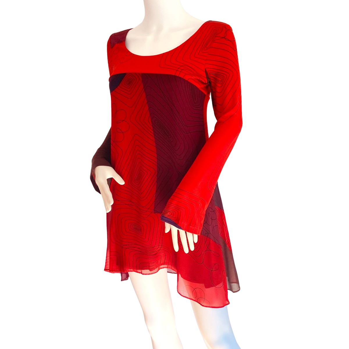 Flora Kung NWT $430- Mix Media Red Print Silk Dress