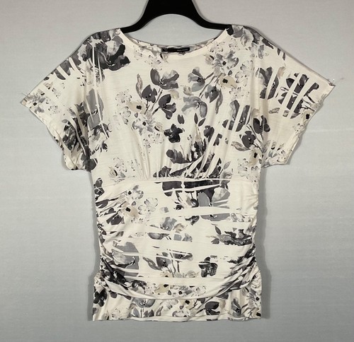 Maurices Top Women Large Ivory Black Floral Short Sleeve Gathered Sides Pullover