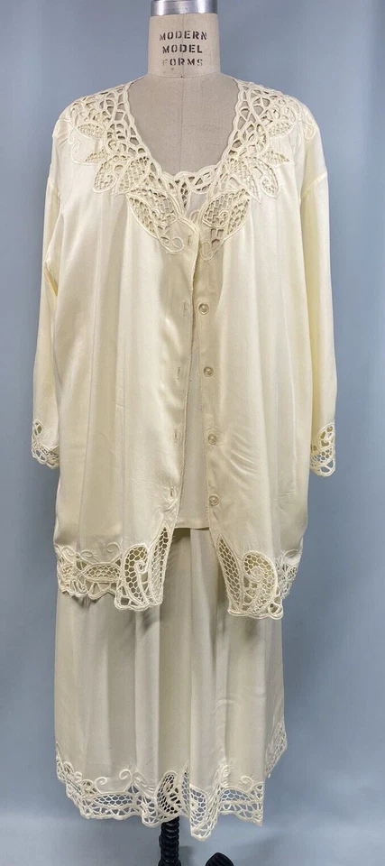 Conjunto de Vestido Vintage TALLA 2X Para Mujer Plus Marfil Rayón Encaje BALI ESMERALDA Casa Años 90 Foto 4 de 4