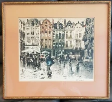 Ferdinand Jean Luigini Street Scene Rue de Richelieu Paris 1928 etching Framed