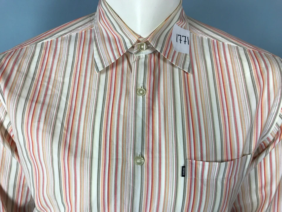 Mens SARAR Large Blush Beige Pale Orange Striped Cotton Button Down Shirt - Imagem 2 de 4
