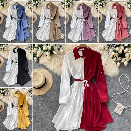 Lady Asymmetrical Patchwork Shirt Dress Two-toned Drawstring Waist Summer Dress - Picture 3 of 21