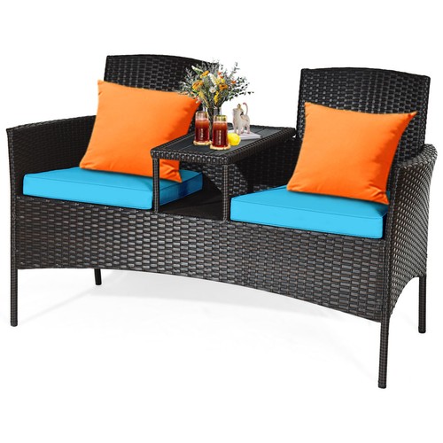 Patio Rattan Conversation Set Loveseat Sofa Cushioned Coffee Table Turquoise