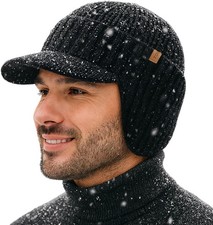 Waterproof Merino Wool Beanie Hat with Brim Ear Flaps Fleece Lined Ski Cap