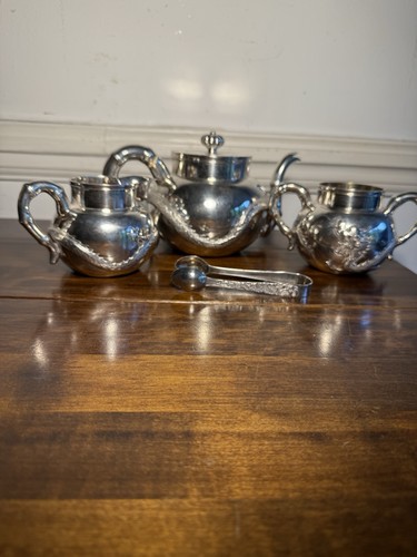 Antique Chinese Japanese Solid Silver 4 Piece Teaset Teapot Jug Nip Bowl Dragon