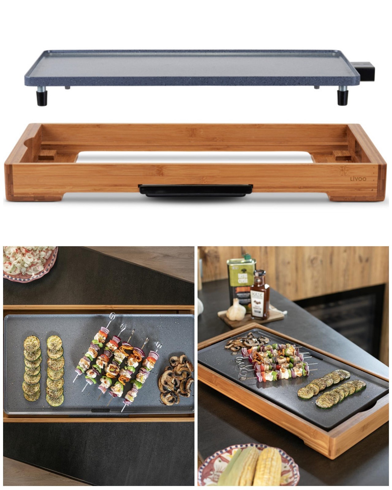 Plancha Livoo en céramique de 2200W avec double zone et structure en bois