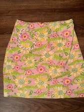 VTG Lilly Pulitzer Womens Green Pink Alligator Floral Print A-Line Skirt Sz 2