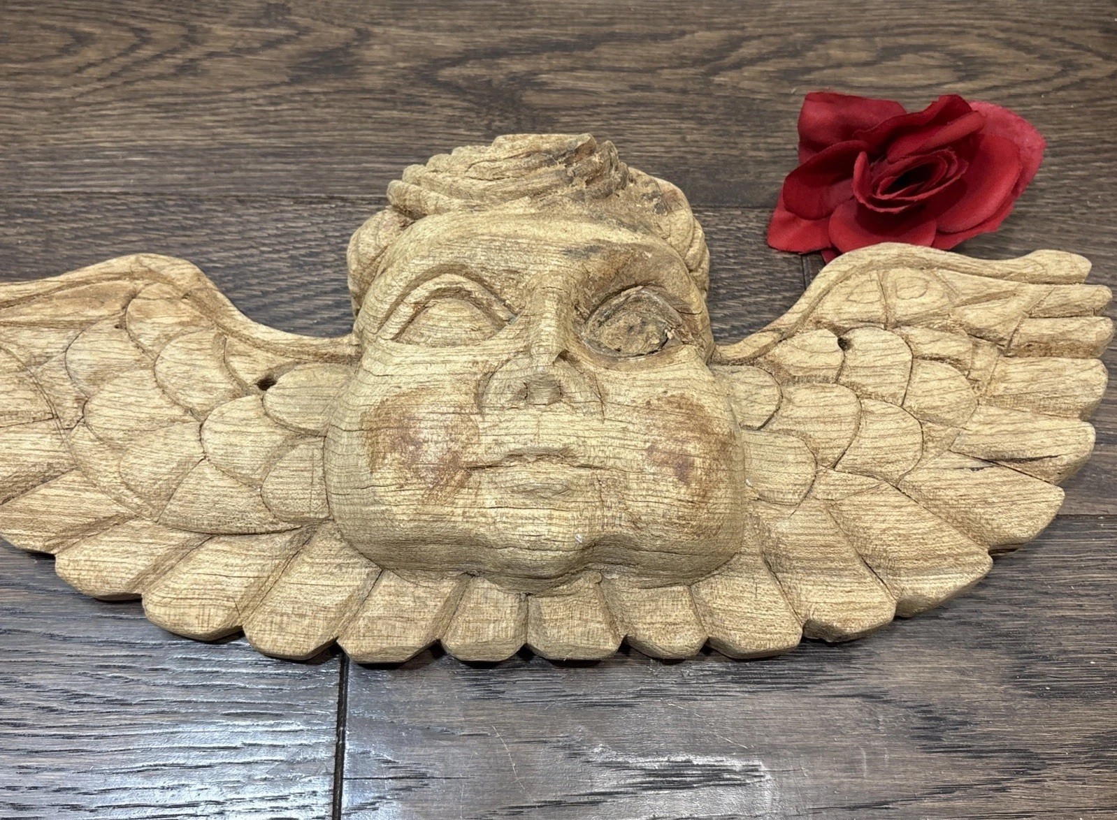 Vtg. Shabby chic Handcarved wood angel wall decor 15” X 7” X 3”