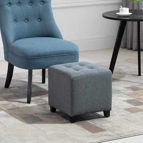 HOMCOM Linen-Look Square Ottoman Footstool Button Tufts Wood Frame Padding Grey - Picture 11 of 12