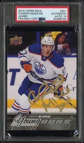 CONNOR MCDAVID SIGNED 2015 UD YOUNG GUNS JUMBO ROOKIE CARD PSA AUTO 10 #201