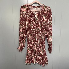 NEW Aerie Pink Floral Long Sleeve V-neck Ruffle Boho Casual Mini Dress S