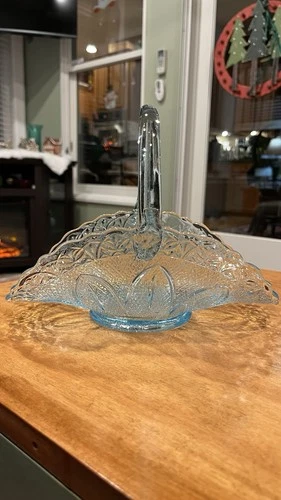 Fenton Blue Glass Basket 10” × 8” Vintage Pressed Glass Manganese UV Glow