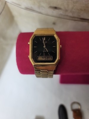Vintage 1990 PULSAR Men s Analog + LCD Quartz Watch Gold Case Black Dial Seiko