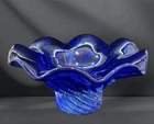 Vintage Murano Style Cobalt Blue Glass bowl Twisted Base, Fluted, Wavy Rim, MCM