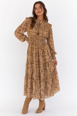 Olivaceous Sz S Fall Rust Floral Maxi Dress Boho Cottagecore Smocked Ruffle NWT