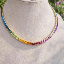 Collana Tennis 21Ct Taglio Principessa Creata in Laboratorio Zaffiro Arcobaleno 18'' Argento 925