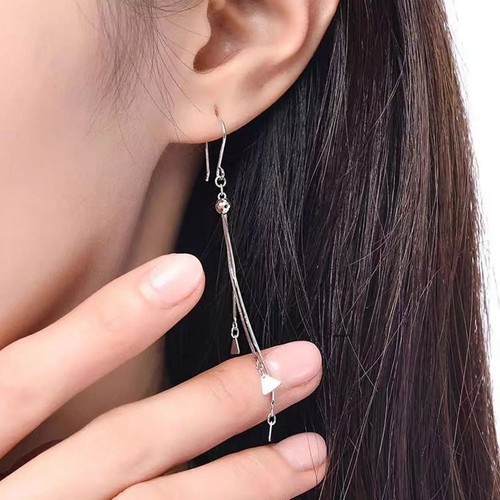 Pure Platinum 950 Women Lucky Triangle Snake Chain Tassel Dangle Earrings 3-3.1g - Picture 8 of 9