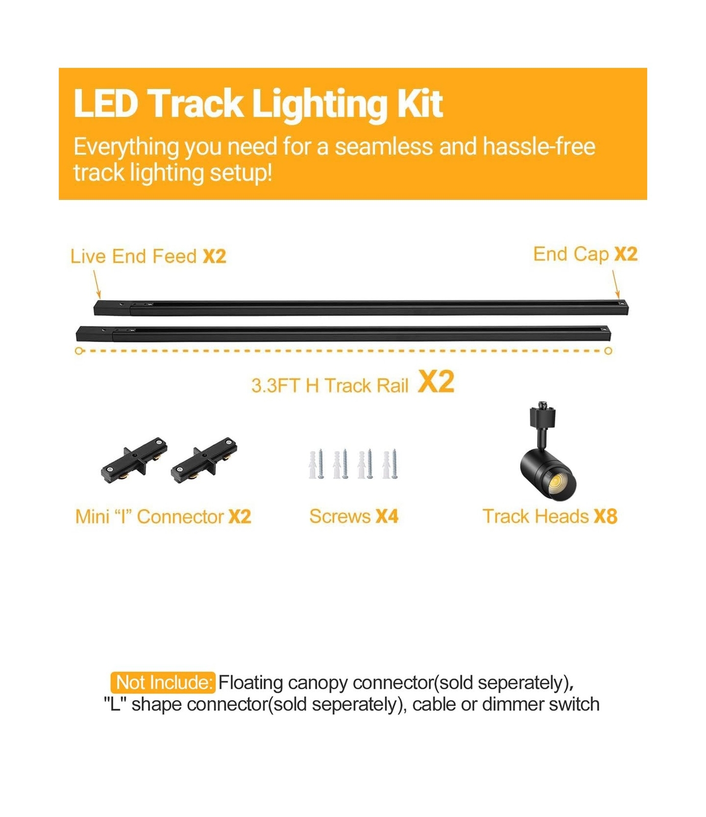 Zoomable 8 Lights LED Track Lighting Kit with 6.6FT H Type Track Lighting Rai...