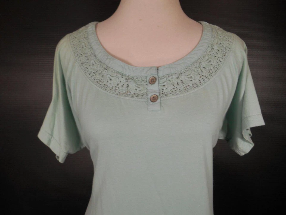 Beautiful Women's Large Cabela's Blue Lace Trim Short Sleeve Knit Top — 第 2/4 张图片