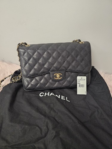 Chanel Jumbo Black Caviar Leather Double Flap Chain Shoulder Bag Classic Luxury