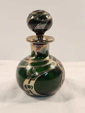 Antique Gorham Perfume Bottle Green Glass w/ Sterling Silver Overlay D940 Signed