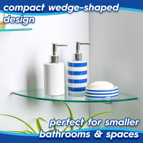 3x Floating Glass Bathroom Corner Shelves 20cm Clear/Chrome Shower Storage Rack - Picture 3 of 7