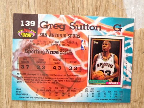 1992-93 Topps Stadium Club #139 Greg Sutton - Spurs - Picture 2 of 2