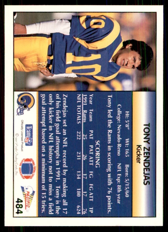 1992 Pacific Tony Zendejas Football Cards #484 - Image 2 of 2