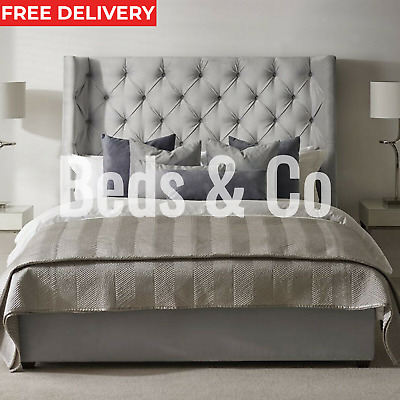 New Bed Double King Size Velvet, Grey Winged Headboard Super King
