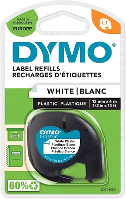Dymo LetraTag Polyesterband, 12 mm x 4 m, Schwarz auf Weiß, selbstklebend