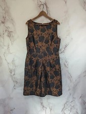 Talbots Dress Womens 14 Large Black Brown Floral Sheath A Line Brocade Metallic 
