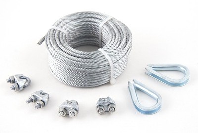 50 FT 1/8 Inch Galvanised Steel Aircraft Cable Wire Rope Kit Clips Thimbles