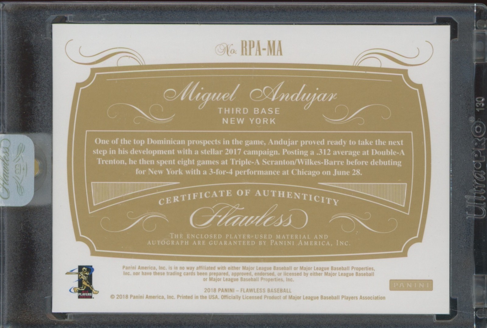 2018 Panini Flawless Red Miguel Andujar 8/20 Auto Autograph Patch  view 2