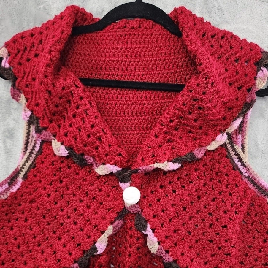 Chaleco De Colección Para Mujer S Rojo Rosa Marrón Tostado Crochet Tejido Crop Circle Botón Único Foto 2 de 4