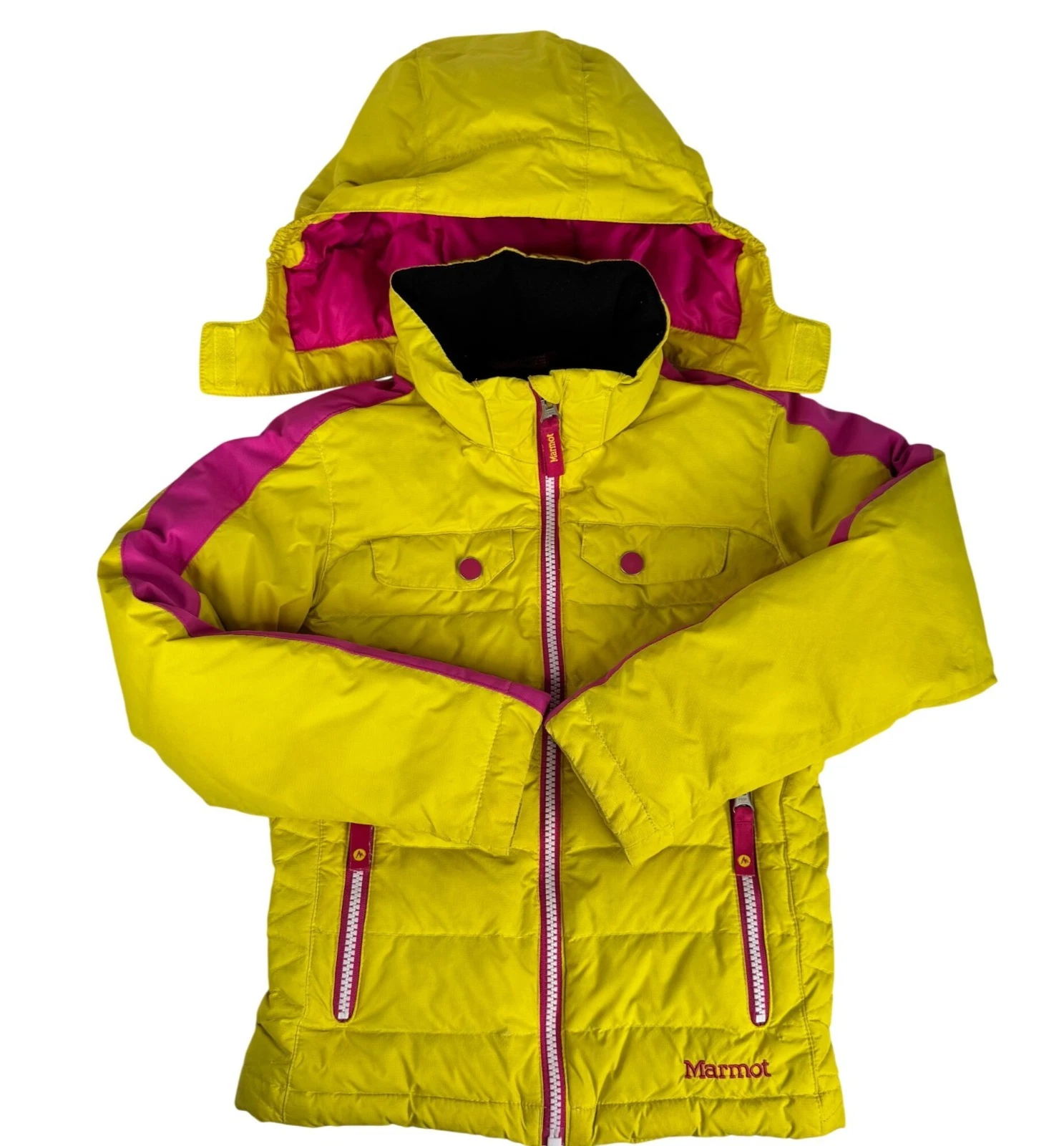 Marmot Girls Puffer Down Jacket Yellow Pink XS Warm Insulated Hooded Windproof