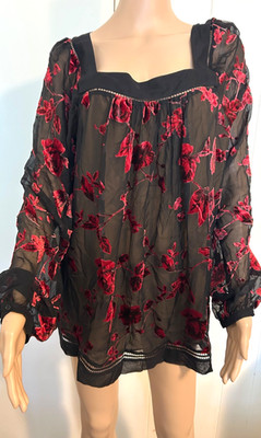 Stunning ECI New York Top Blouse Velour Sheer Black Red Lined  Sz 14 XL