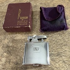 Vintage Ronson Chrome Table Lighter w/Box & Felt Pouch Grid Design USA Untested