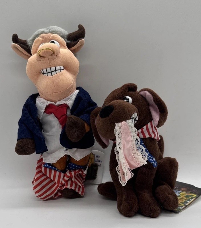 Vintage INFAMOUS MEANIES 8 in. Plush BULL BILL CLINTON & BUDDY Dog NOS