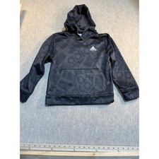 Adidas Boys Black Grey All Over Logo Print Fleece Hoodie Sweatshirt Size S 8