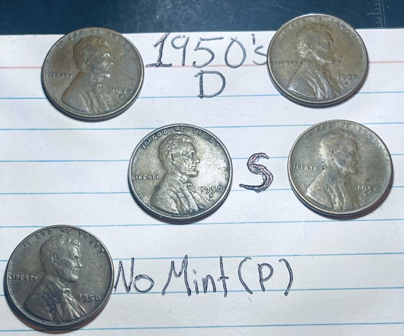 1950 (D)x2 And 1950 (S)x2, And 1950 No Mint (P) Lincoln Wheat Pennies. 5 Coins!
