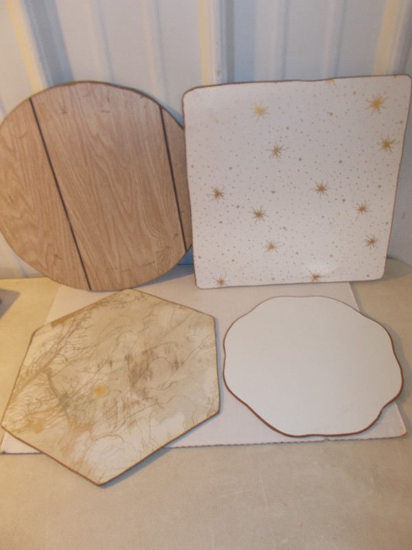 4 Vintage Masonite HANDMADE Trivets Hot Plates ATOMIC STARBURST WOODGRAIN