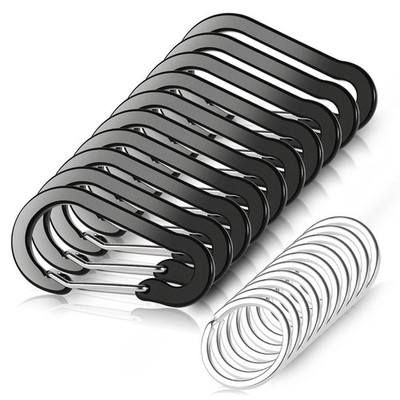 10 PCS Mini Carabiner Clips with Key Rings Aluminum D Shape Large, Black 