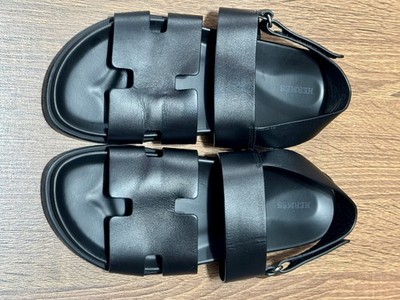 Hermes Chypre Leather Black Sandals Size 42 *MINT CONDITION*