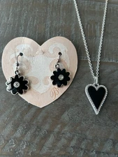 Brighton Dazzling Love Heart Necklace NWT & Love Block Earrings Black Enamel NWT