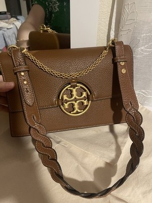 Tory Burch Miller In Brown/tan Pebbled Leather Shoulder Flap Bag