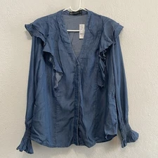 New York and Company Women's Ruffle Blouse Chambray Denim-Like Blue XL NEW