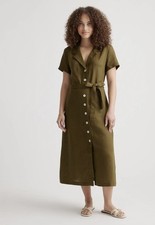 Quince Womens 100% European Linen Button Front Dress Martini Olive M